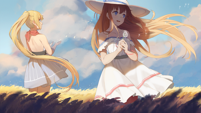 Two girls in a field with a dandelion