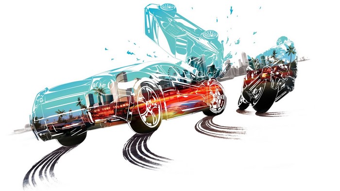 Burnout Paradise artwork with car and motorcycle