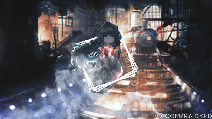 Anime girl in a hood with a train station background