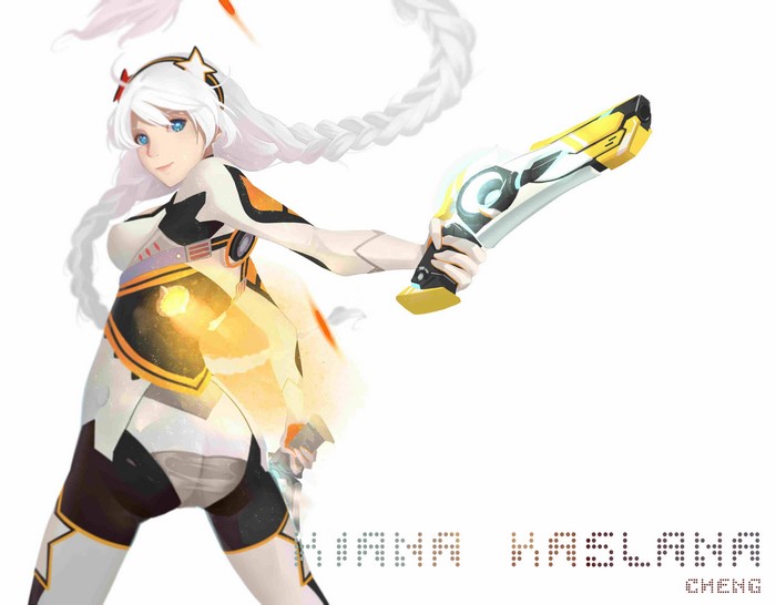 Kiana Kaslana from Honkai Impact holding a futuristic gun