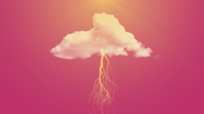 Cloud with lightning and sun rays on pink background