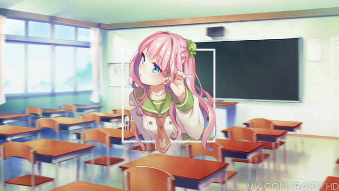 Anime girl with pink hair in a classroom