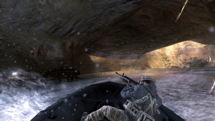 Soldier in a boat aiming a rifle in Call of Duty Modern Warfare 2