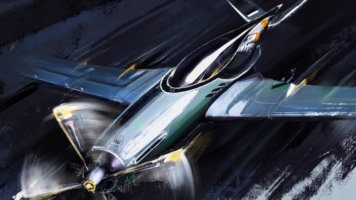 Digital art painting of a futuristic aircraft with a propeller