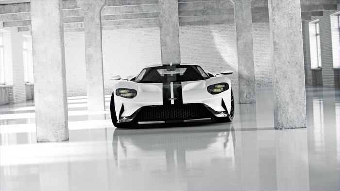 White Ford GT Mk II with black stripes, frontal view