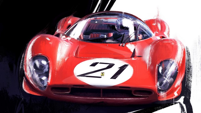 Red Ferrari 312P race car with number 21