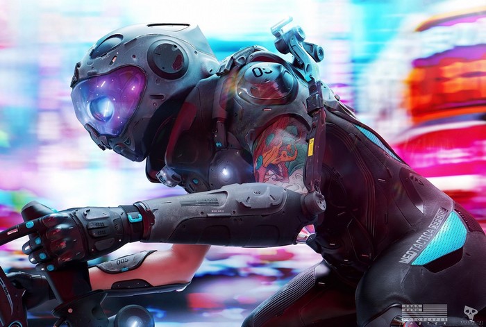 Cyberpunk character with tattoo riding a futuristic vehicle
