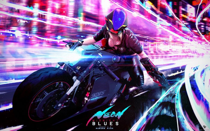 Cyberpunk woman on a futuristic motorcycle