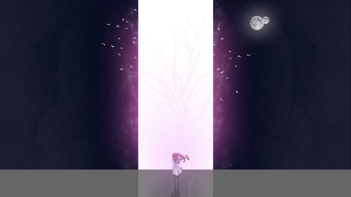 Anime girl with pink hair and white dress in a starry night