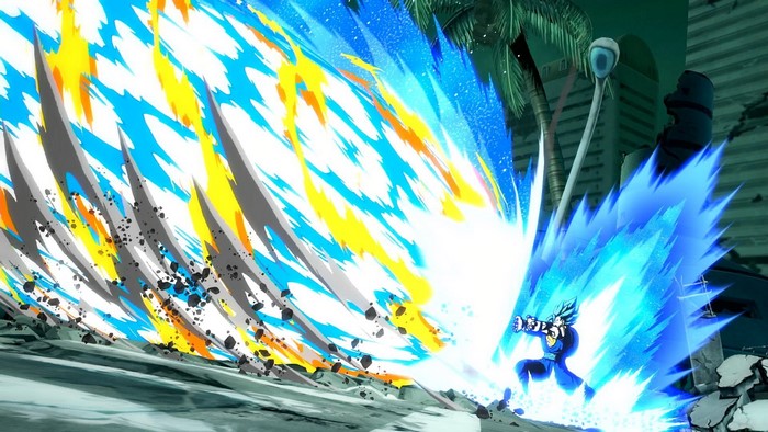 Vegeta from Dragon Ball FighterZ using a blue energy attack