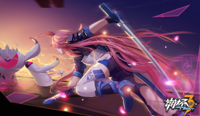 Yae Sakura from Honkai Impact with a robot companion