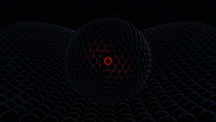 Dark abstract 3D design with glowing red orb