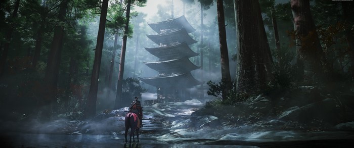Samurai on horseback approaches a pagoda in Ghost of Tsushima