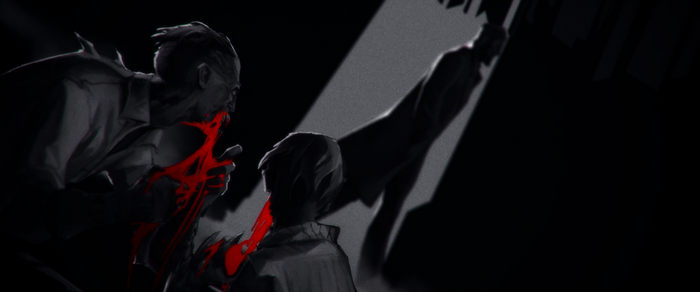 Vampyr character with blood and shadow figure