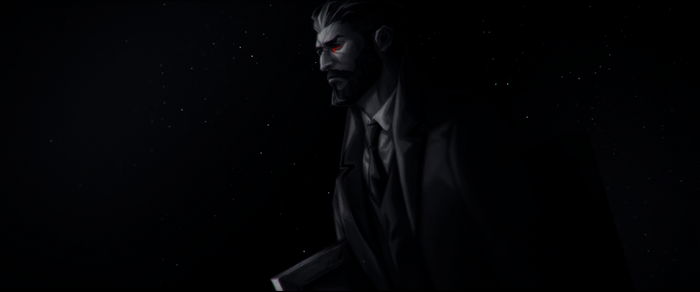 Man with red eyes in a suit against a starry background