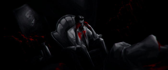 Man covered in blood sitting in a chair