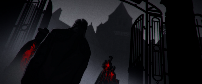 Vampyr characters with blood stains outside a hospital