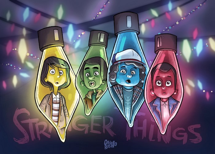 Stranger Things characters inside light bulbs