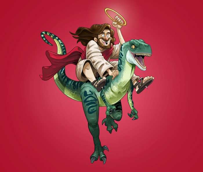 Jesus riding a velociraptor with a halo