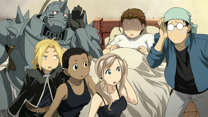 Fullmetal Alchemist characters in a room