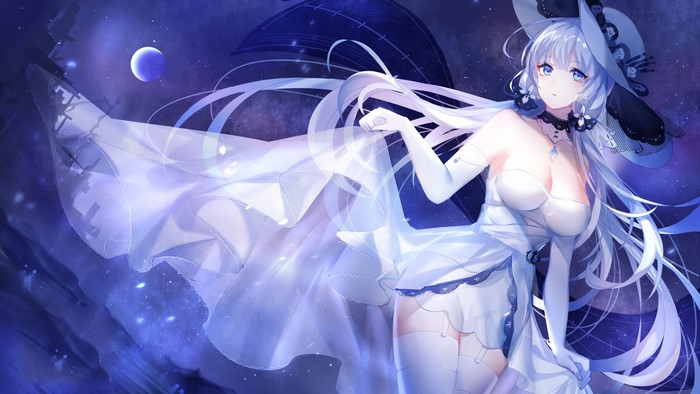 Illustrious from Azur Lane in a white dress under the night sky