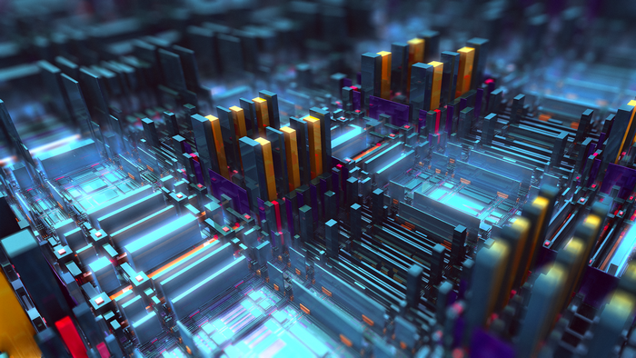 Abstract 3D render of geometric motherboard structure