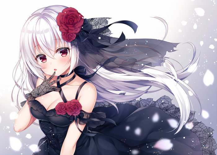 Anime girl with white hair in a black dress with roses