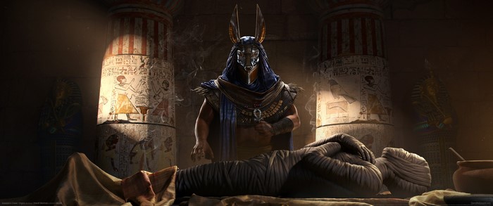Anubis performing a ritual on a mummy in Assassin's Creed: Origins