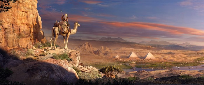 Assassin from Assassin's Creed: Origins on a camel overlooking pyramids