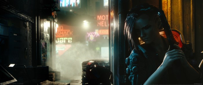 Woman with pistol in Cyberpunk 2077 street
