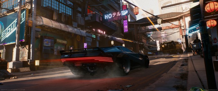 Cyberpunk 2077: Black sports car driving through a neon city street