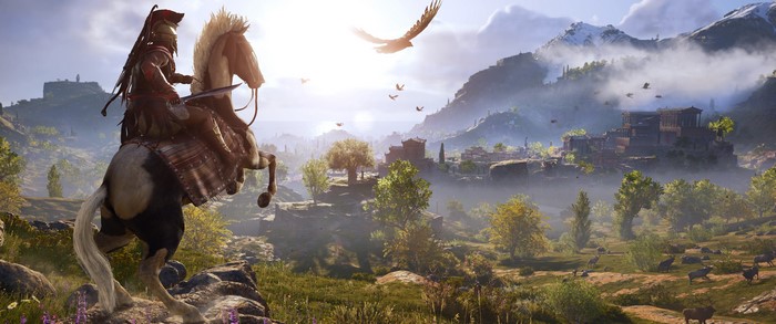 Alexios from Assassin's Creed Odyssey on horseback in Greece