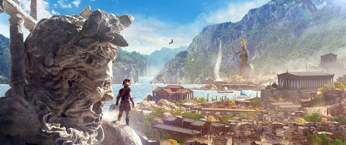 Assassin's Creed Odyssey: Spartan warrior overlooking ancient Greek city