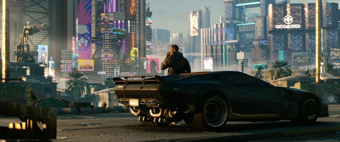 Cyberpunk 2077 Futuristic Car in Urban Nightscape