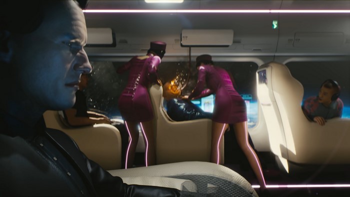 Cyberpunk 2077: Two women in purple uniforms attend to a person in a futuristic vehicle