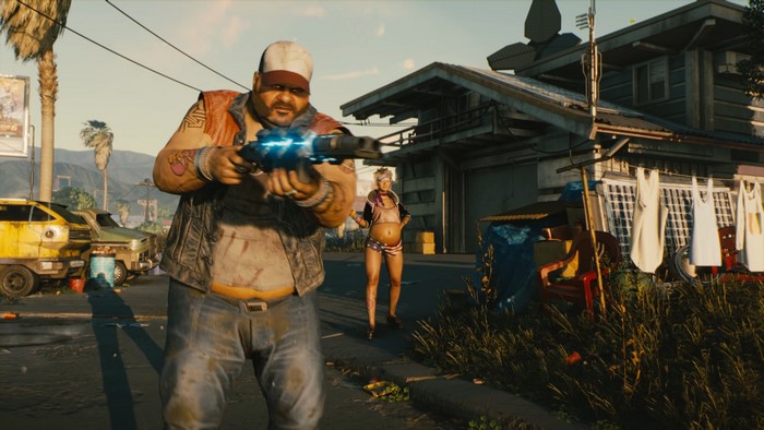 Cyberpunk 2077: Man with gun and woman