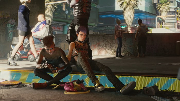 Cyberpunk 2077 characters sitting on a ledge