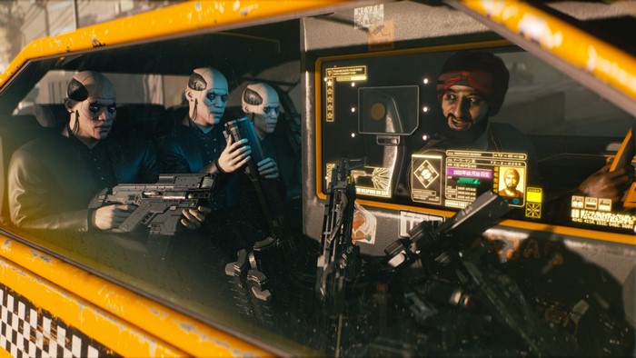 Cyberpunk 2077 taxi with armed passengers