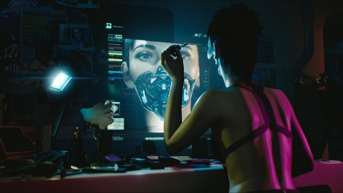 Cyberpunk 2077: Woman applying makeup in futuristic room