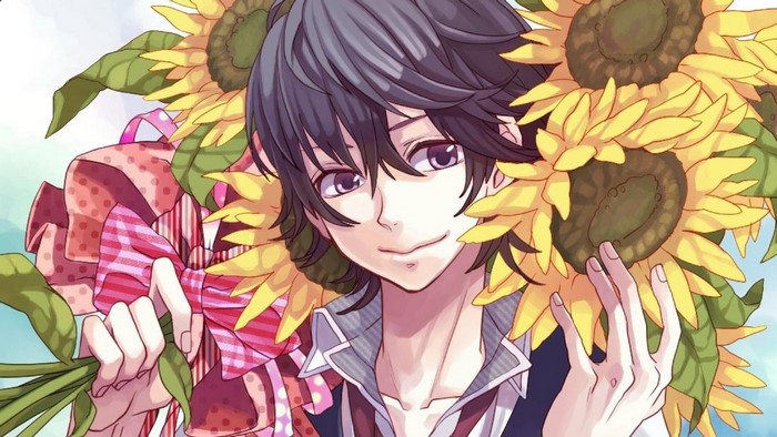 Anime boy with sunflowers