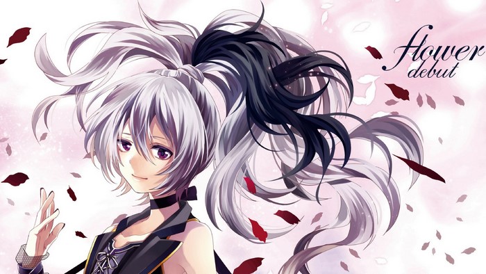 Anime girl with long dual-colored hair and purple eyes