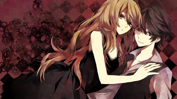 Anime couple with long blonde hair and dark hair