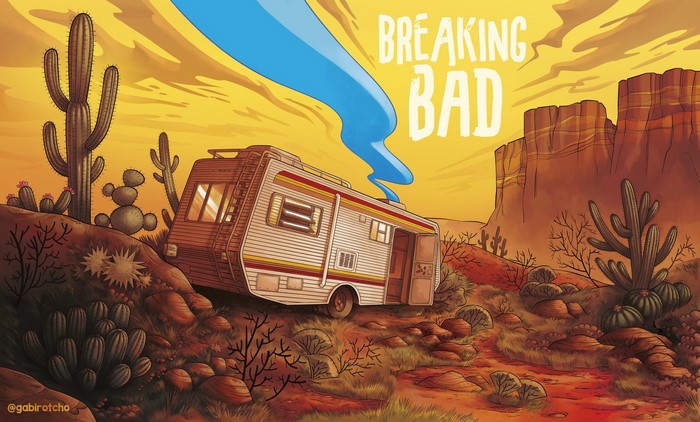 Breaking Bad RV in a desert landscape with cacti