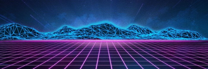 Retro wireframe mountains and grid landscape