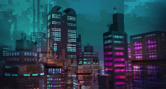 Cyberpunk cityscape with glowing skyscrapers at night