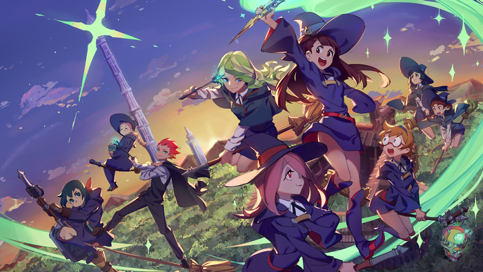 Little Witch Academia characters flying on broomsticks