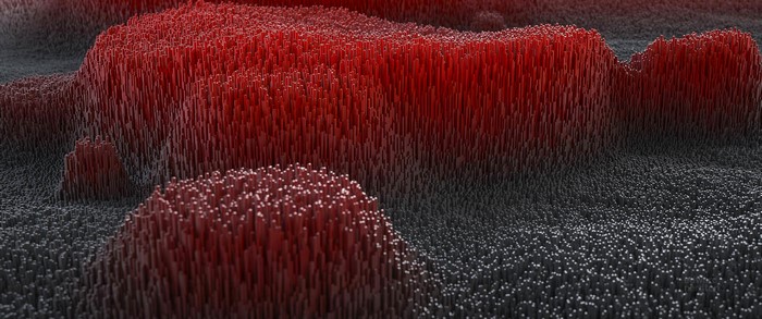 Abstract 3D landscape with red and gray extrusions