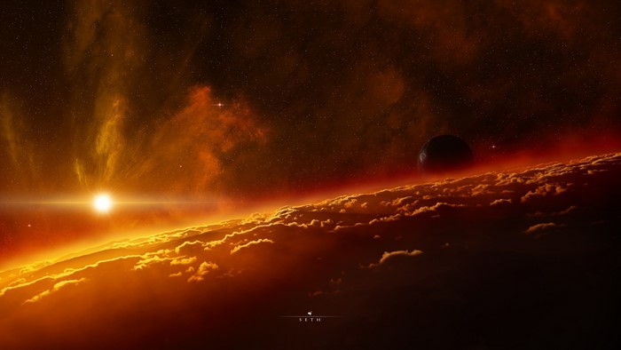 Digital art of a planet with a sun and a moon