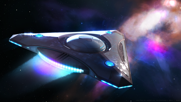 Triangular spaceship in a colorful nebula