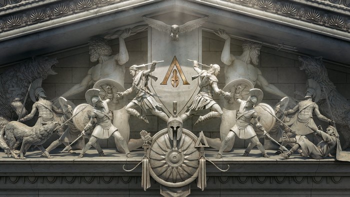 Assassin's Creed Odyssey relief with warriors and mythical creatures